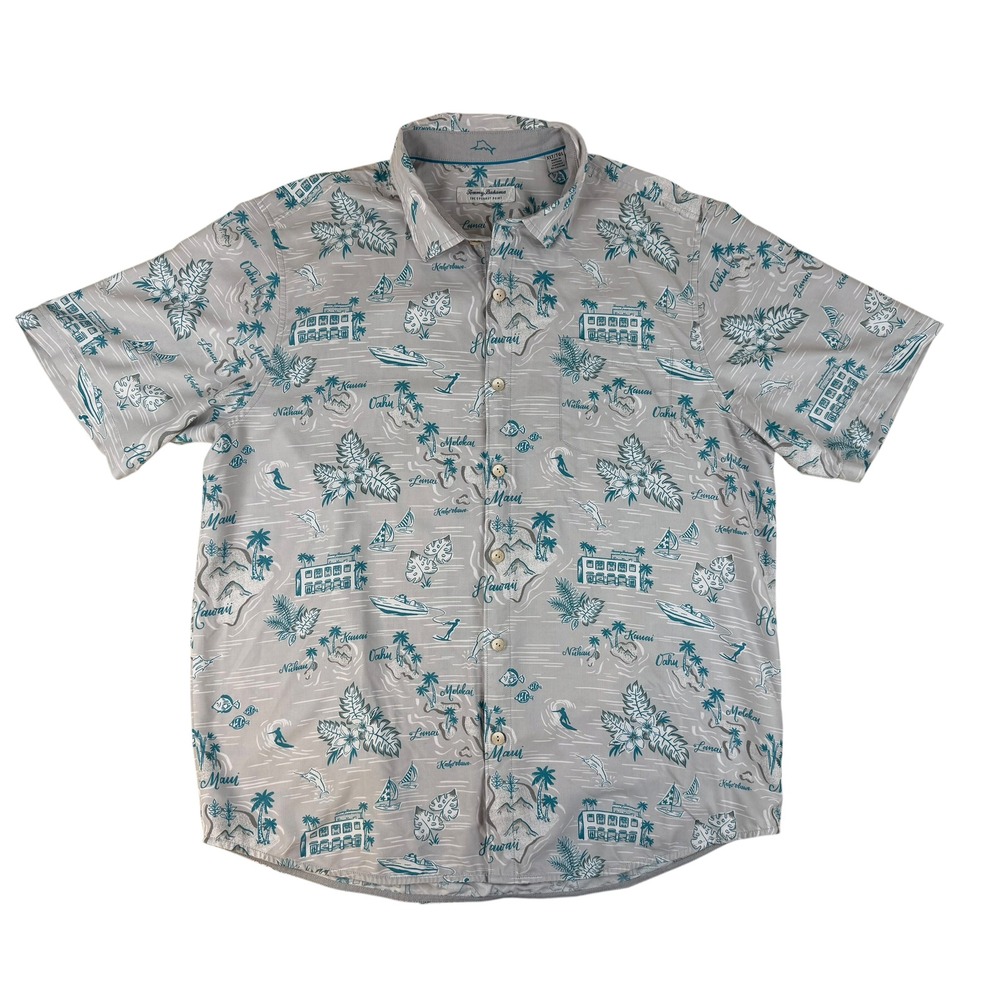 Tommy Bahama XLT Shirt Hawaiian Island‎ Map Print IslandZone Grey Teal